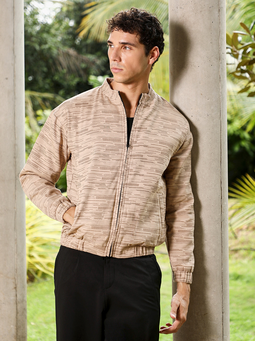Lined-Jacquard Bomber Jacket