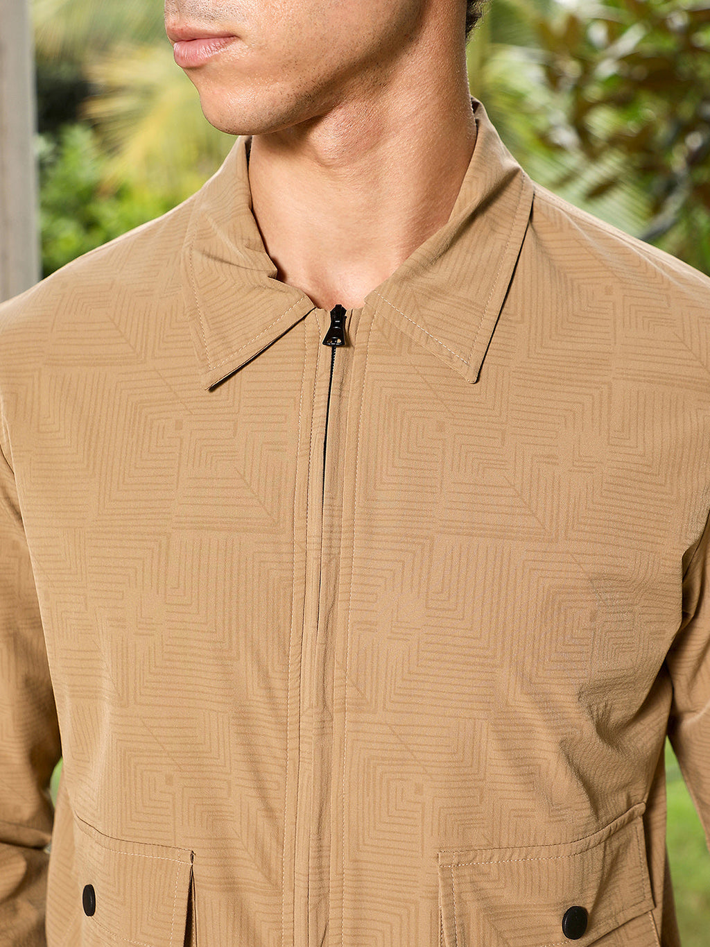 Zip-Front Geometric-Jacquard Jacket