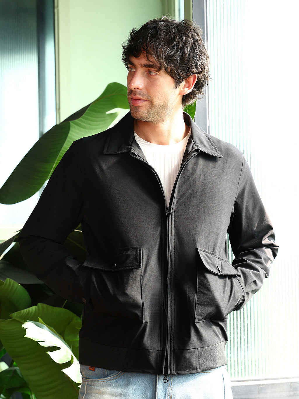 Zip-Front Geometric-Jacquard Jacket