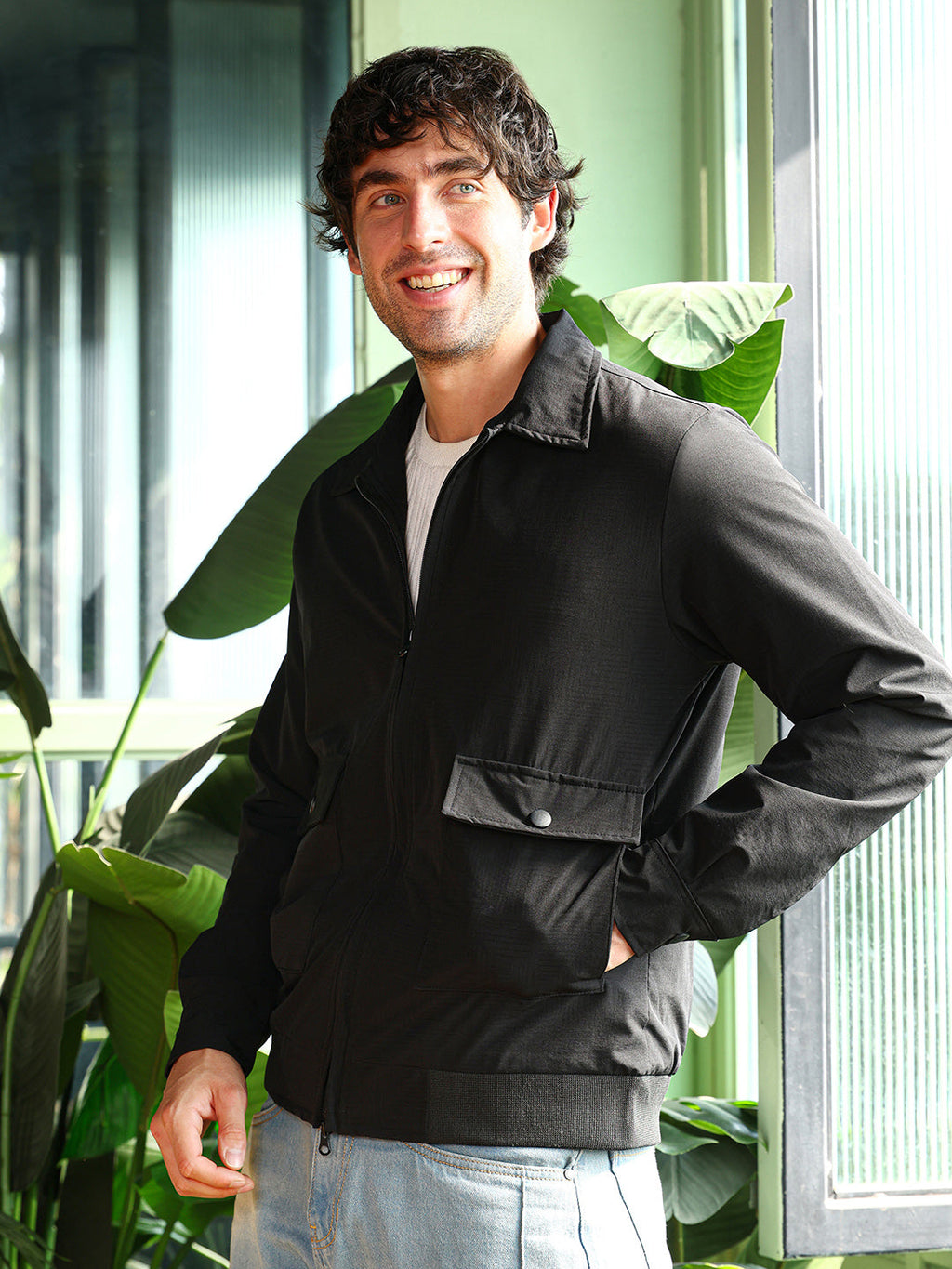 Zip-Front Geometric-Jacquard Jacket