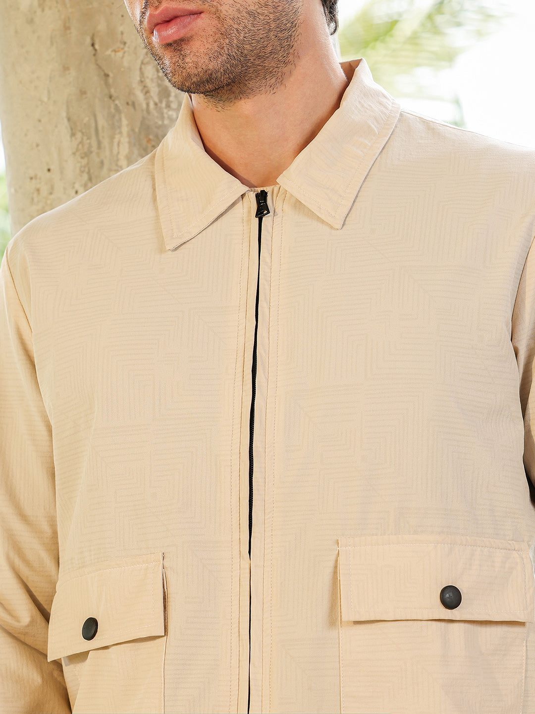 Zip-Front Geometric-Jacquard Jacket