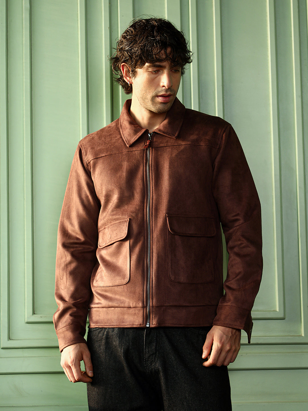 ₹2,499 | Campus Sutra Men's Chocolate Brown Suede Zip-Front