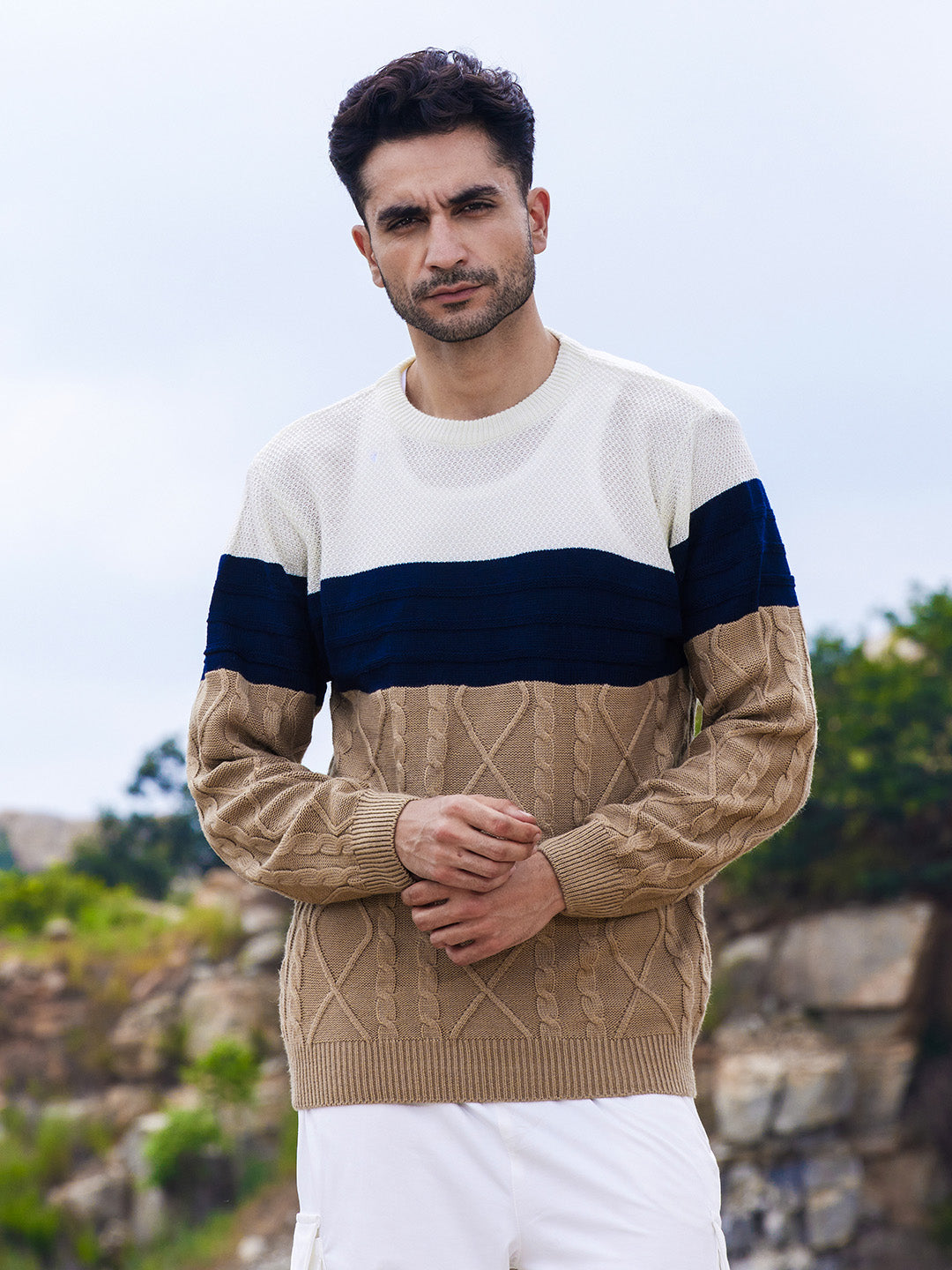 Contrast Panel Cable Knit Sweater