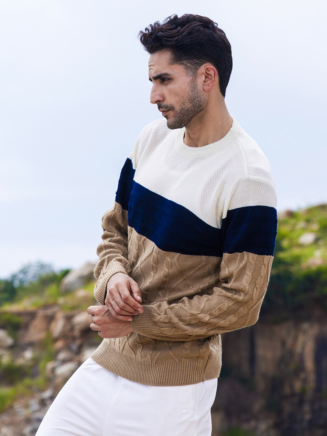 Contrast Panel Cable Knit Sweater