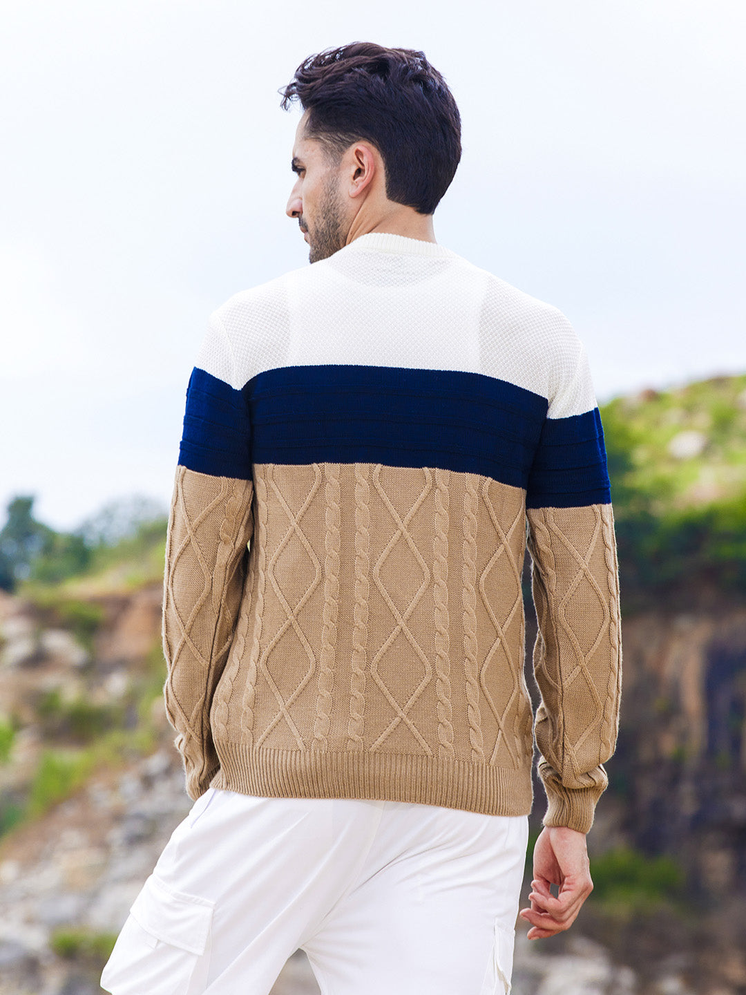 Contrast Panel Cable Knit Sweater