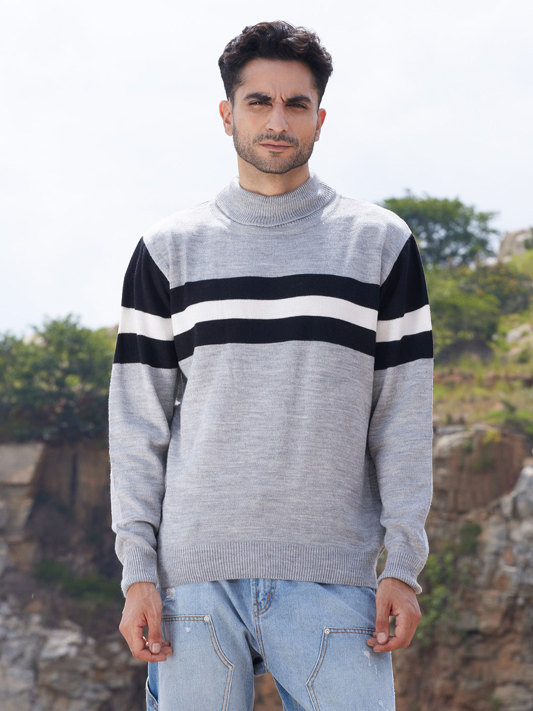 Men's Relaxed Horizontal Striped Pullover Sweater