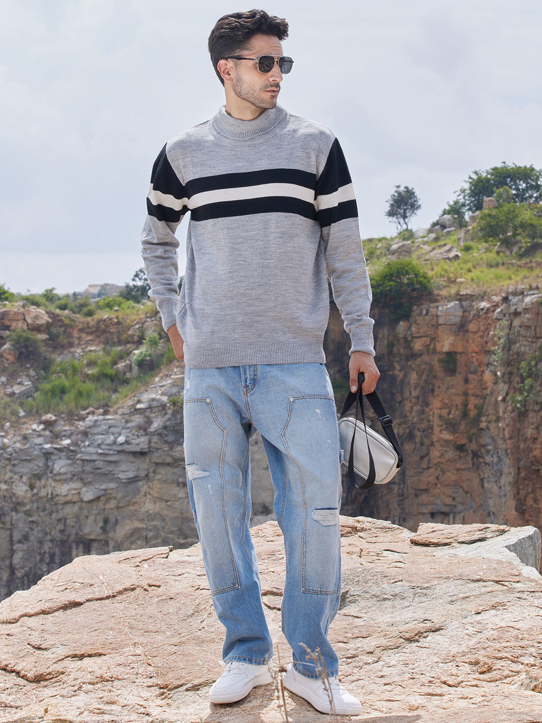 Men's Relaxed Horizontal Striped Pullover Sweater