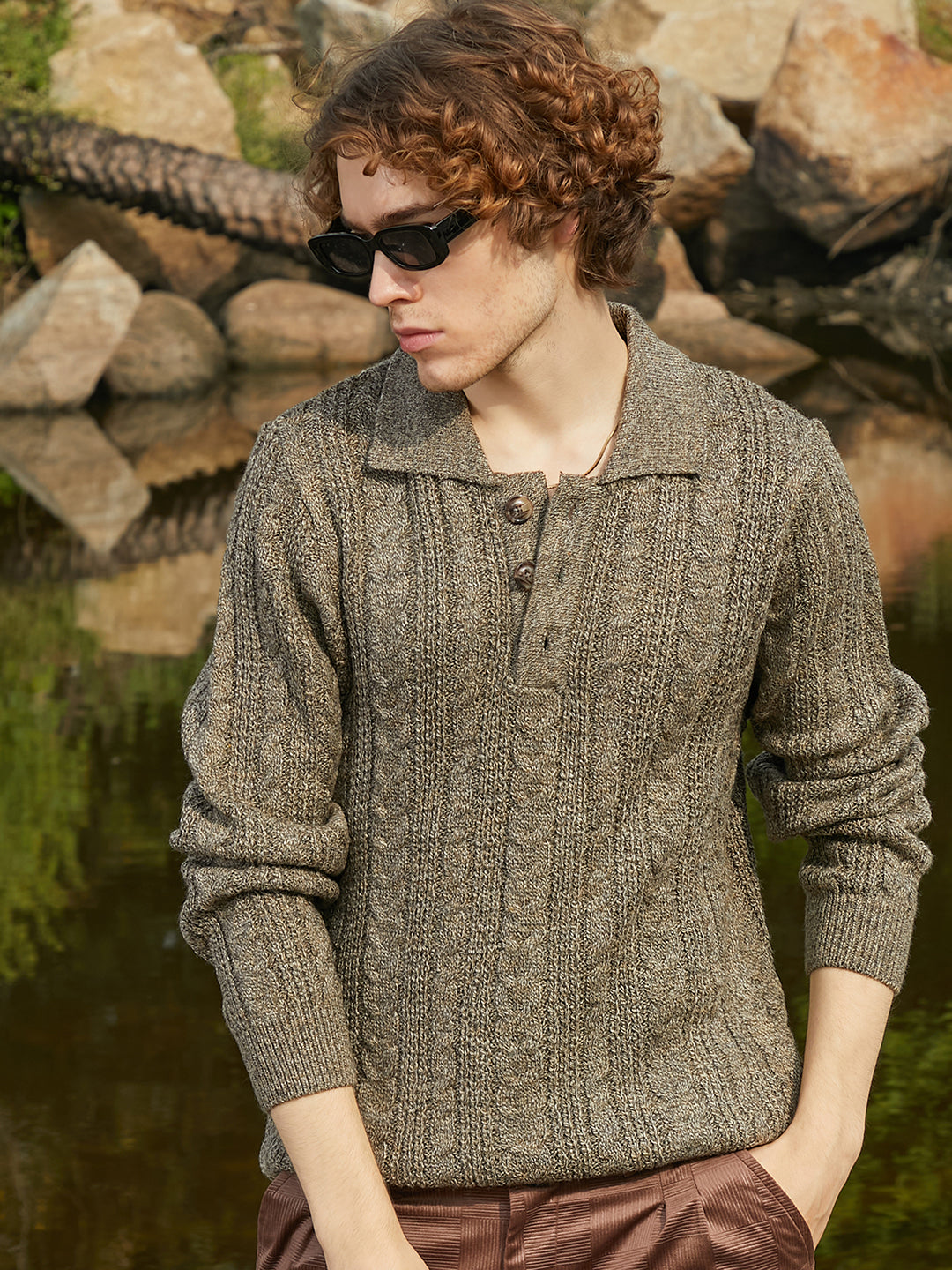 Braid-Knit Collared Sweater