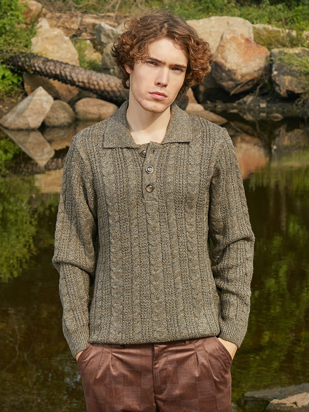 Braid-Knit Collared Sweater