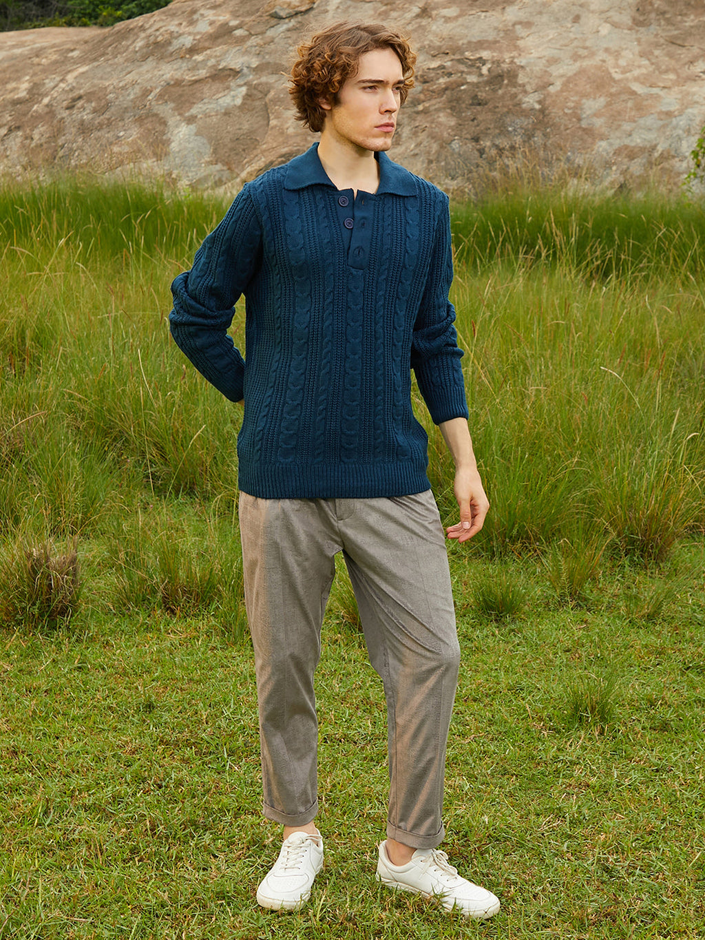 Braid-Knit Collared Sweater