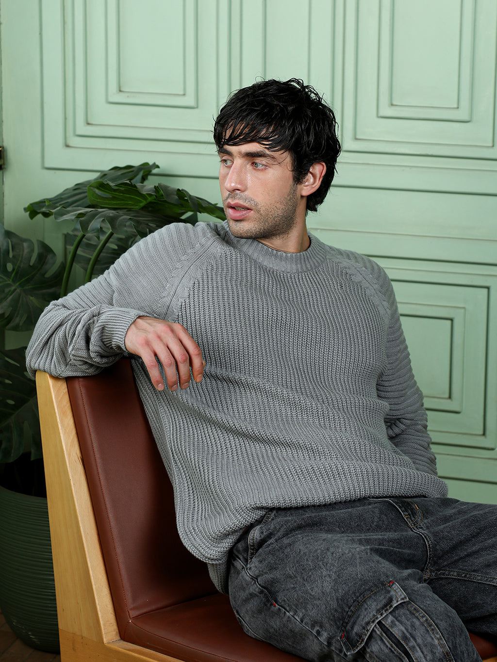 Self-Raglan Knit Pullover Sweater