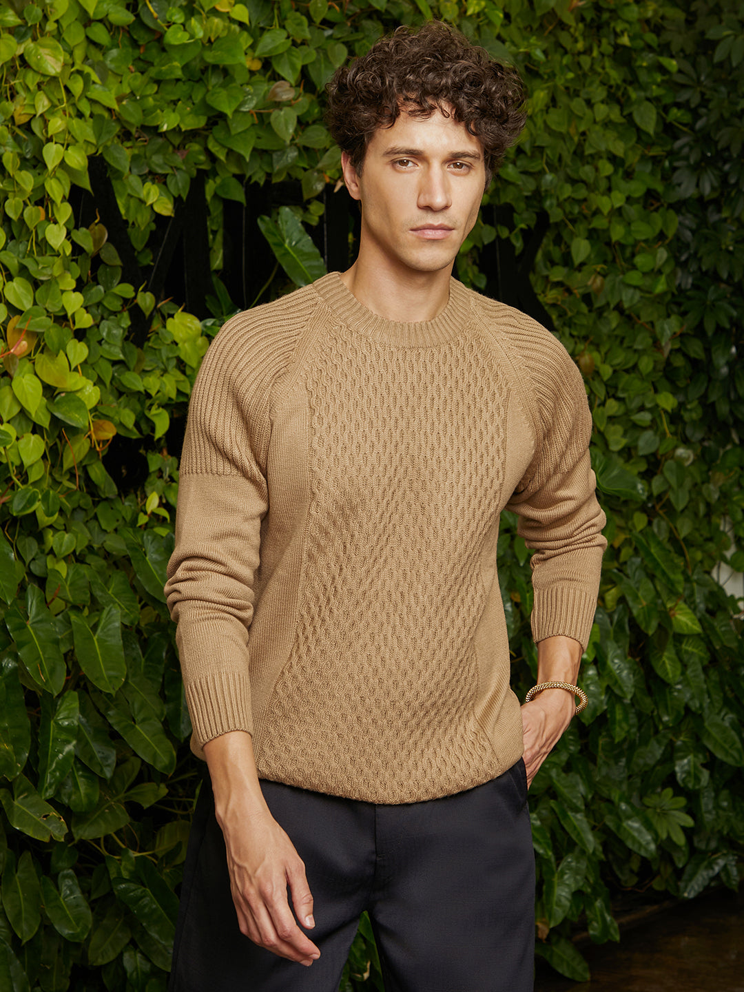 ₹1,449 Campus Sutra men's Camel Beige Hive-Knit Pullover