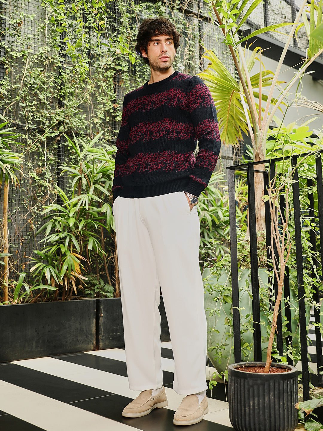 Ditsy-Panel Pullover Sweater