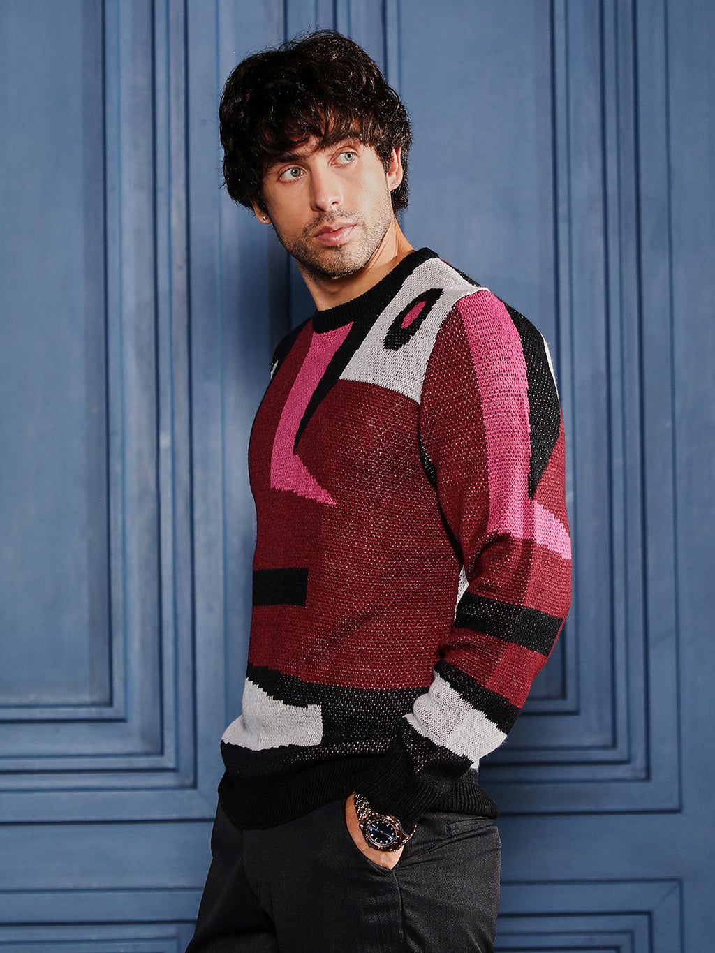 Abstraction-Jacquard Pullover Sweater