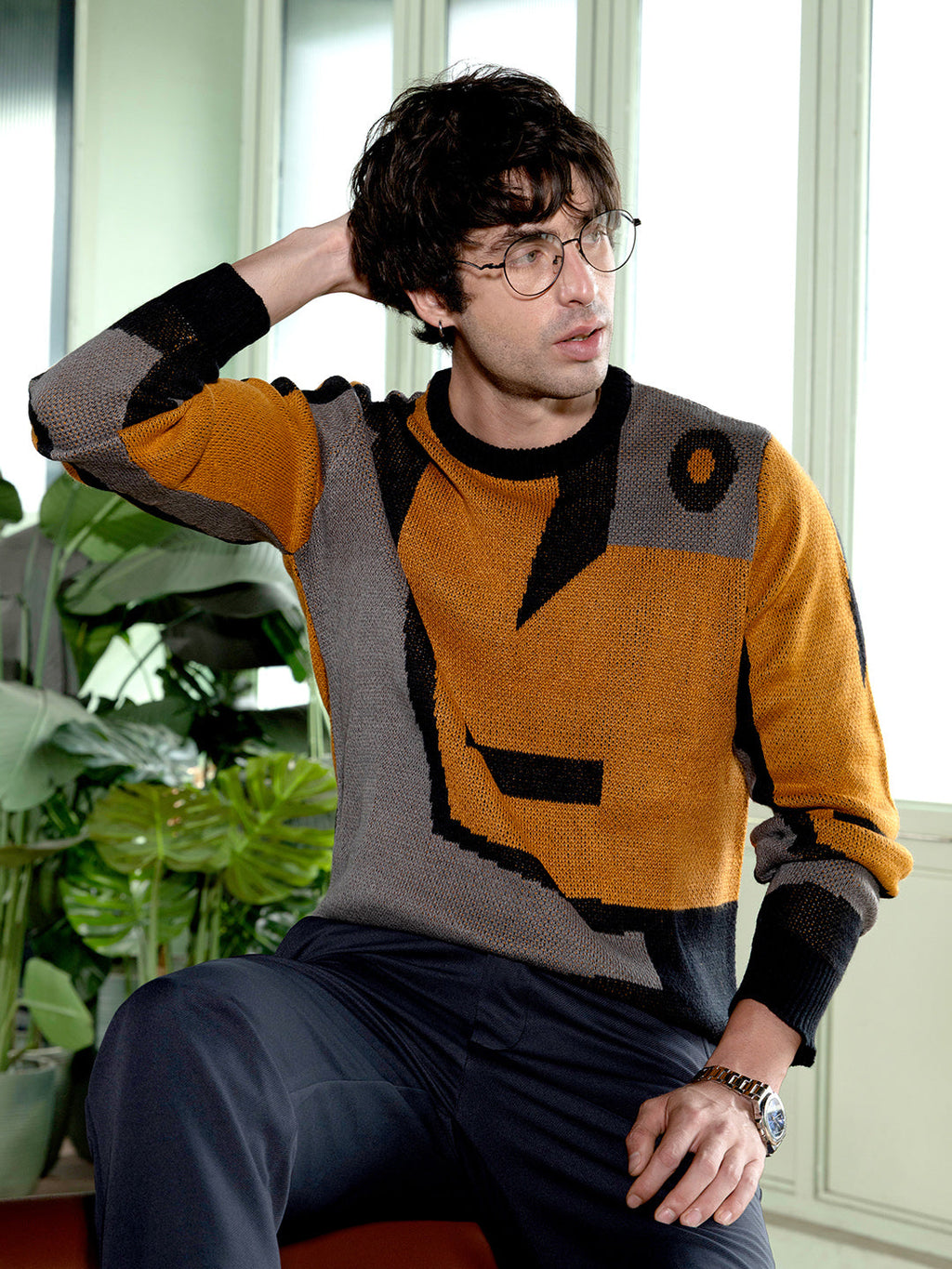 Abstraction-Jacquard Pullover Sweater