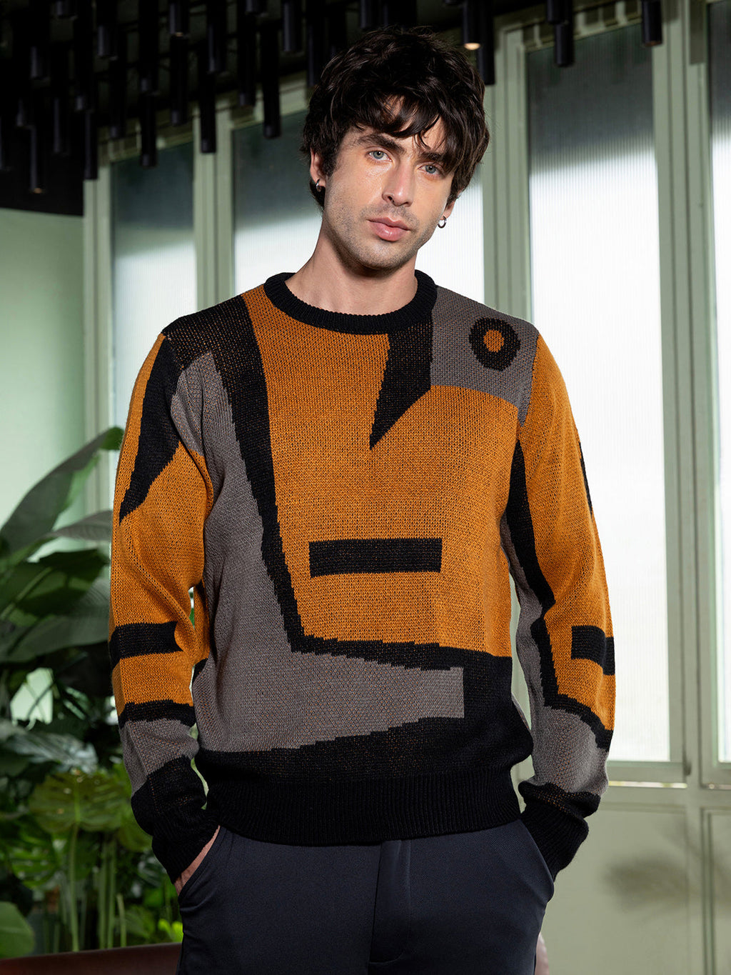 Abstraction-Jacquard Pullover Sweater