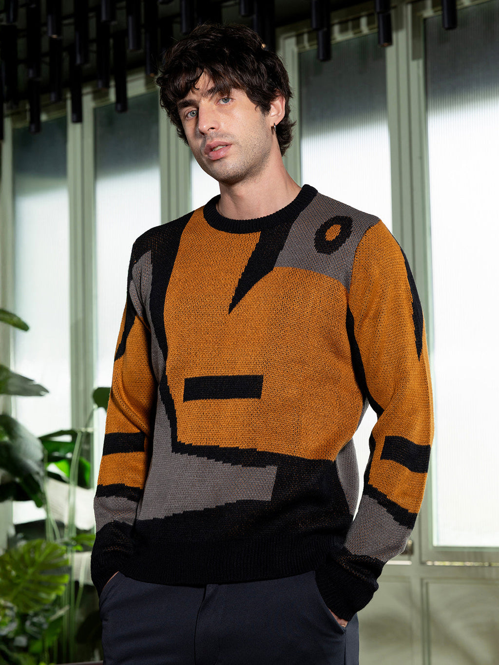 Abstraction-Jacquard Pullover Sweater