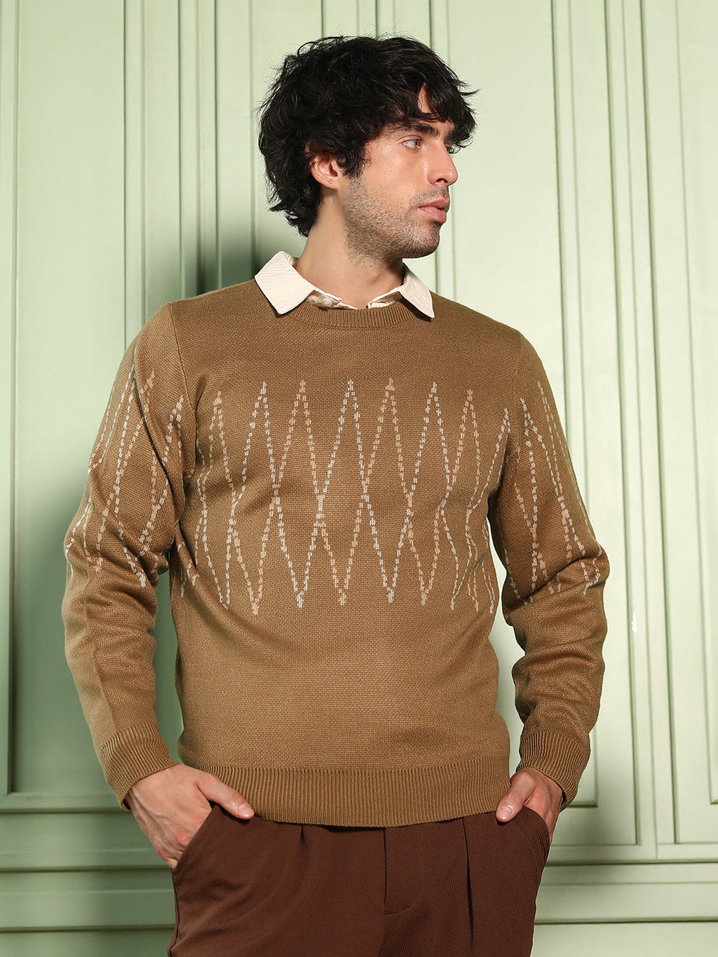 Zigzag-Jacquard Pullover Sweater