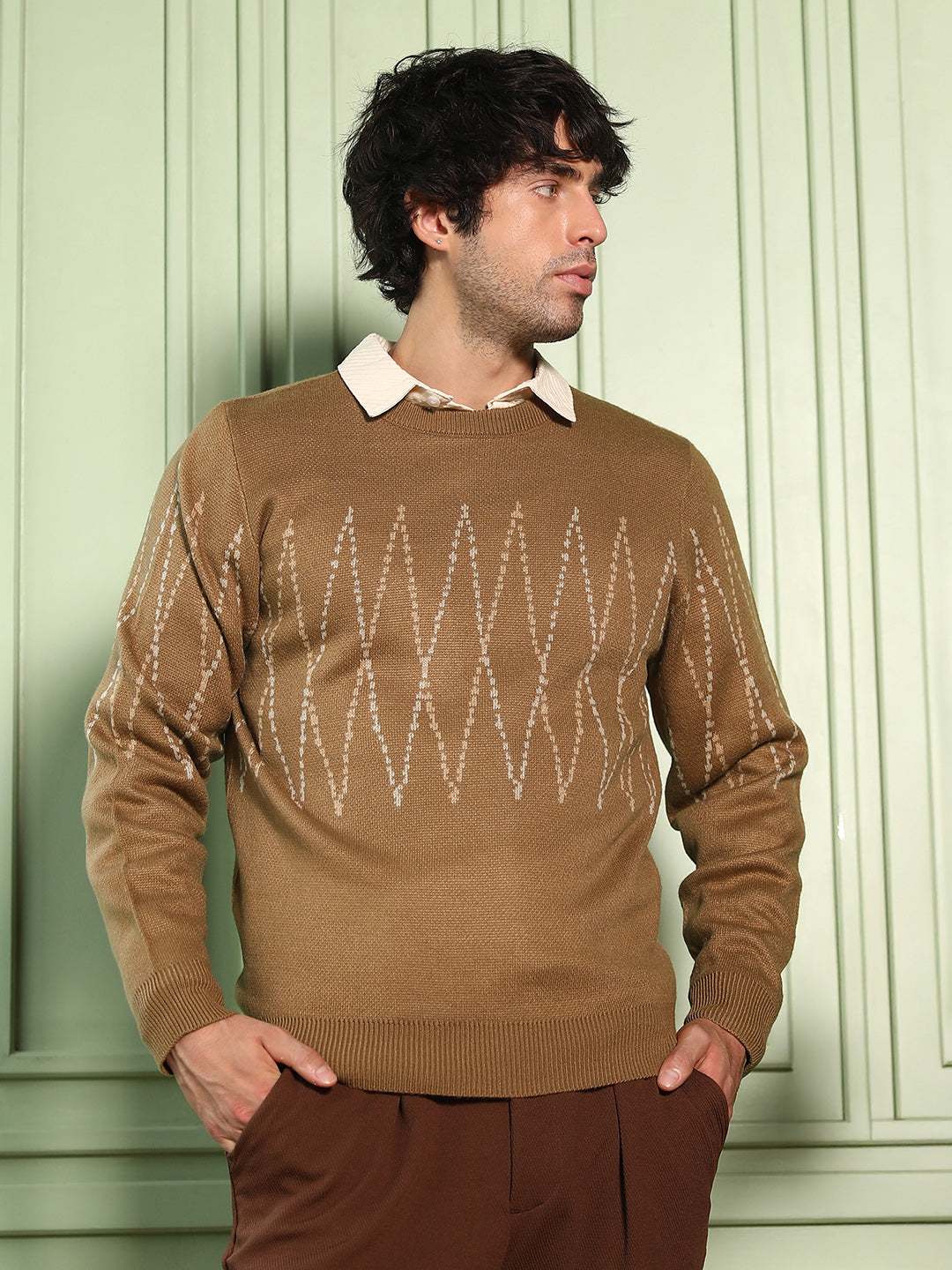 Zigzag-Jacquard Pullover Sweater