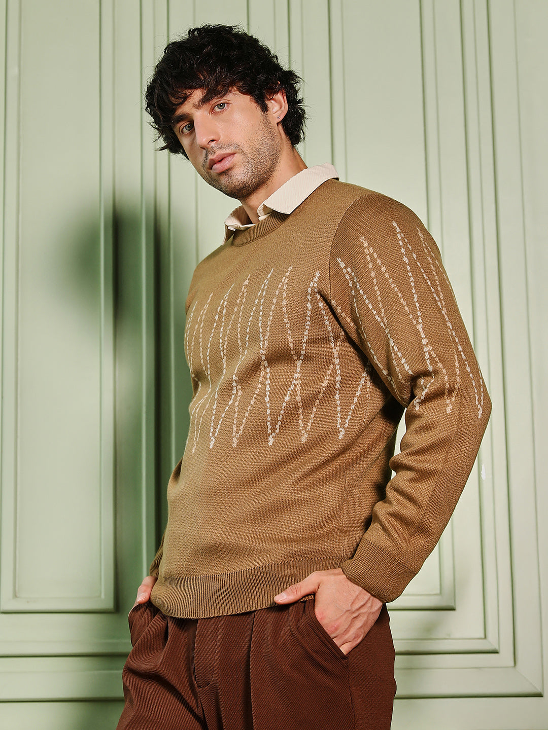 Zigzag-Jacquard Pullover Sweater