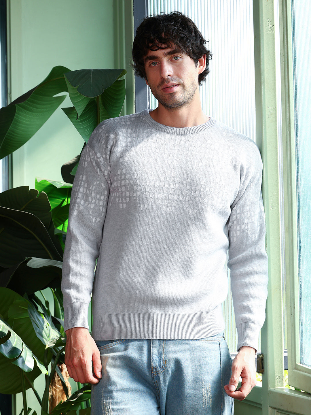 Geometric-Block Imprint Pullover Sweater