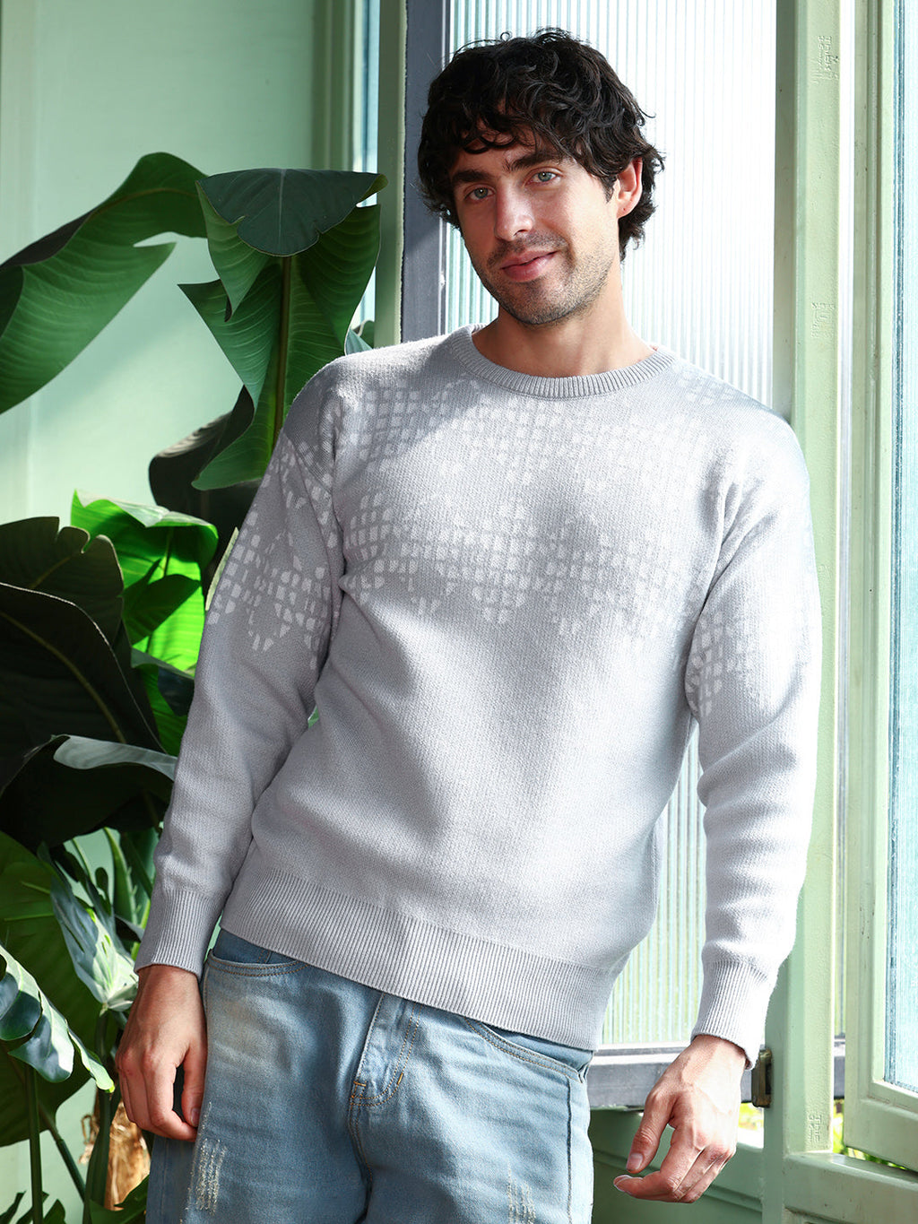 Geometric-Block Imprint Pullover Sweater