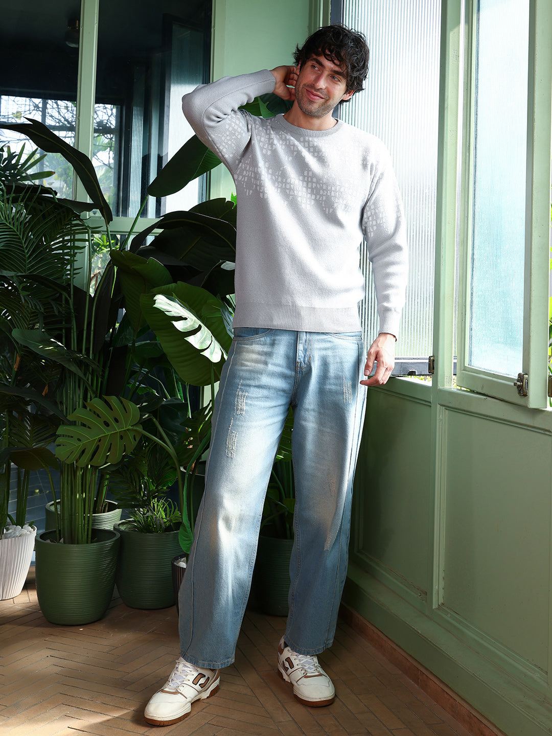 Geometric-Block Imprint Pullover Sweater