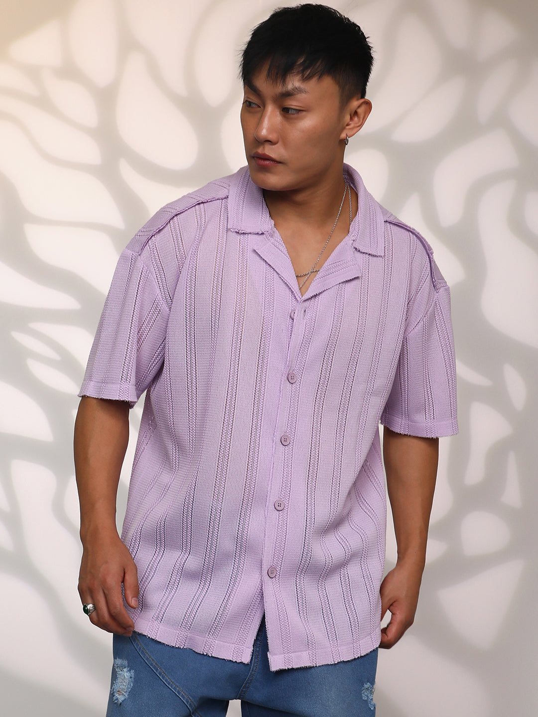 トップス FWM UNDERGROUNDYOKO SHIRT PURPLE size S ₹799 | Campus Sutra Men's Lavender Honeycomb Knit Shirt - Campussutra
