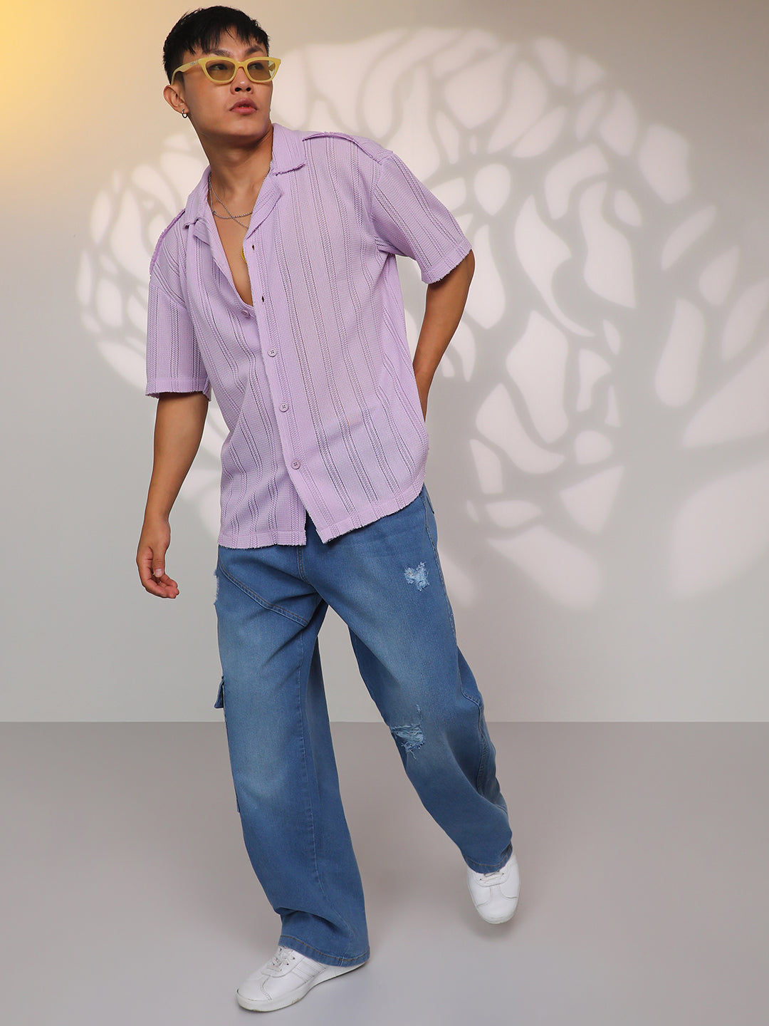 ₹899 | Campus Sutra men's Lilac Braid-Knit Oversized Shirt