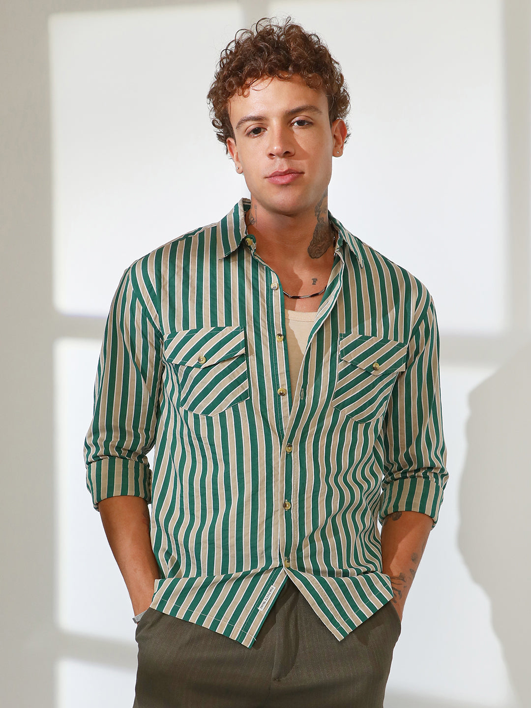 ₹899 | Campus Sutra men's Forest Green & Khaki Beige Candy