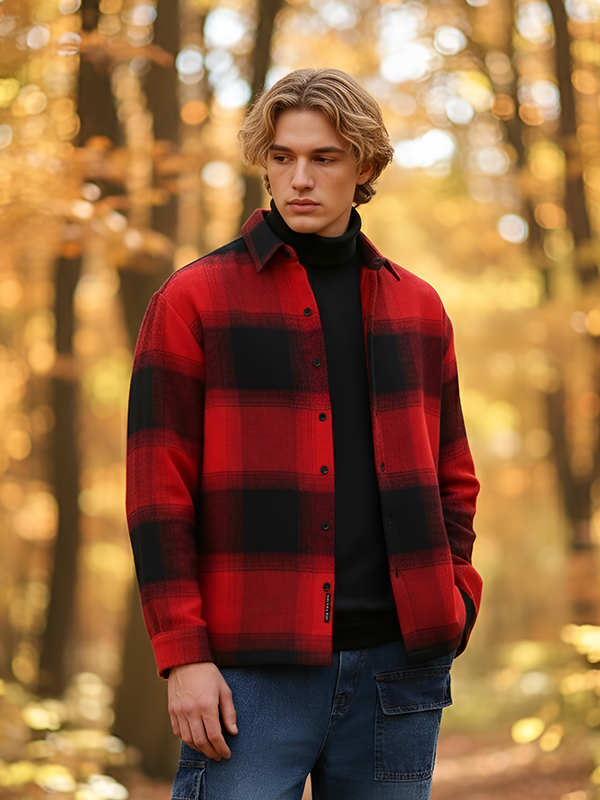 Men's oversized red and black checkered shirt with vignette gradient effect and drop shoulders.