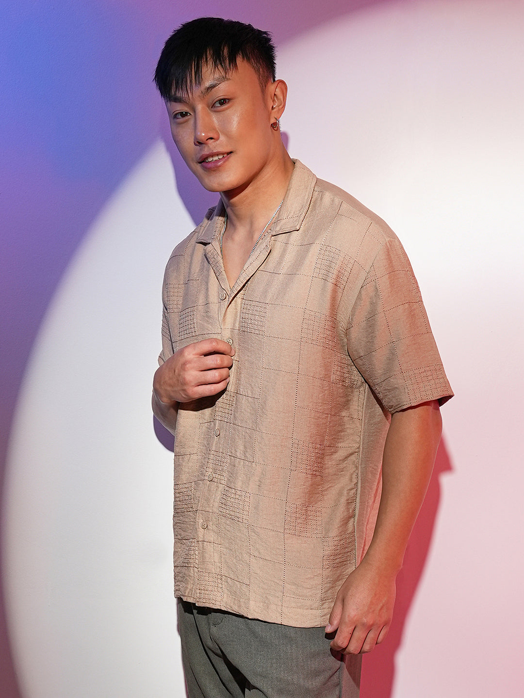 ₹899 | Campus Sutra men's Tan Brown Graph-Tactile Oversized Shirt
