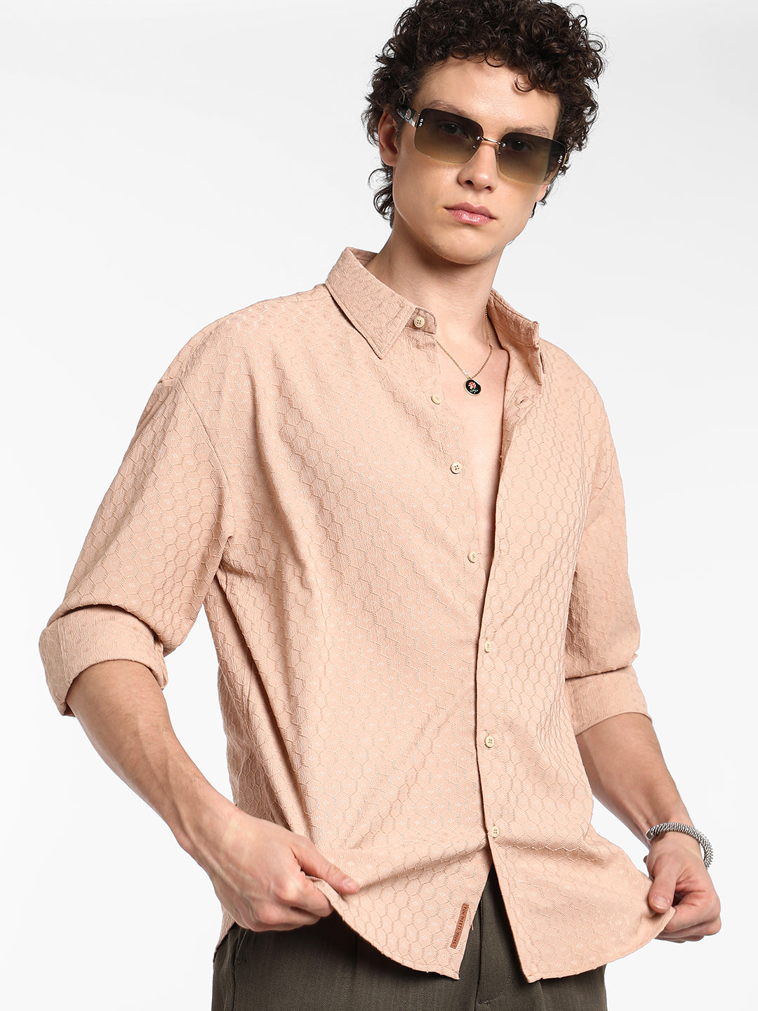 Honeycomb-Textured Oversized Shirt