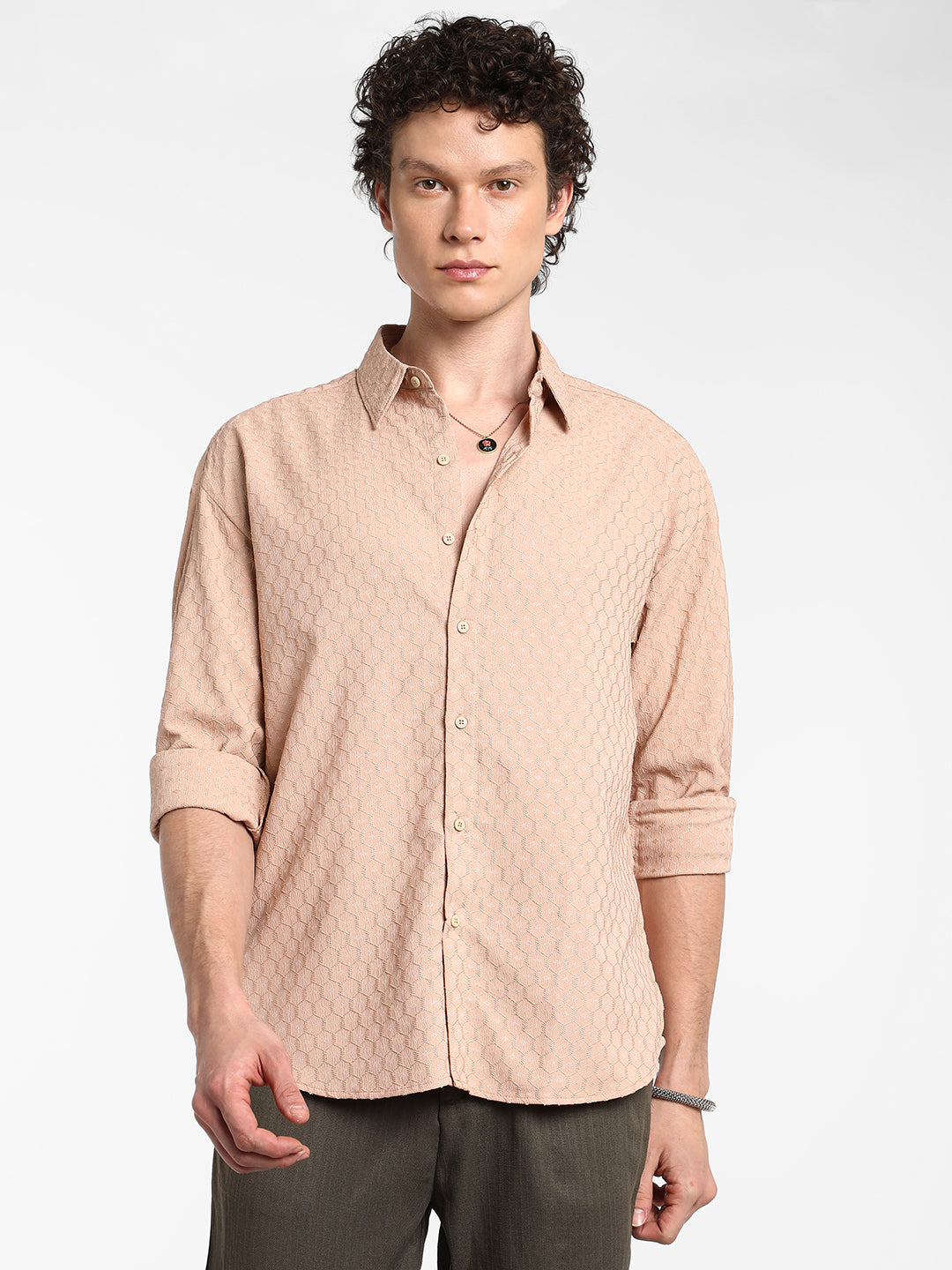 Honeycomb-Textured Oversized Shirt