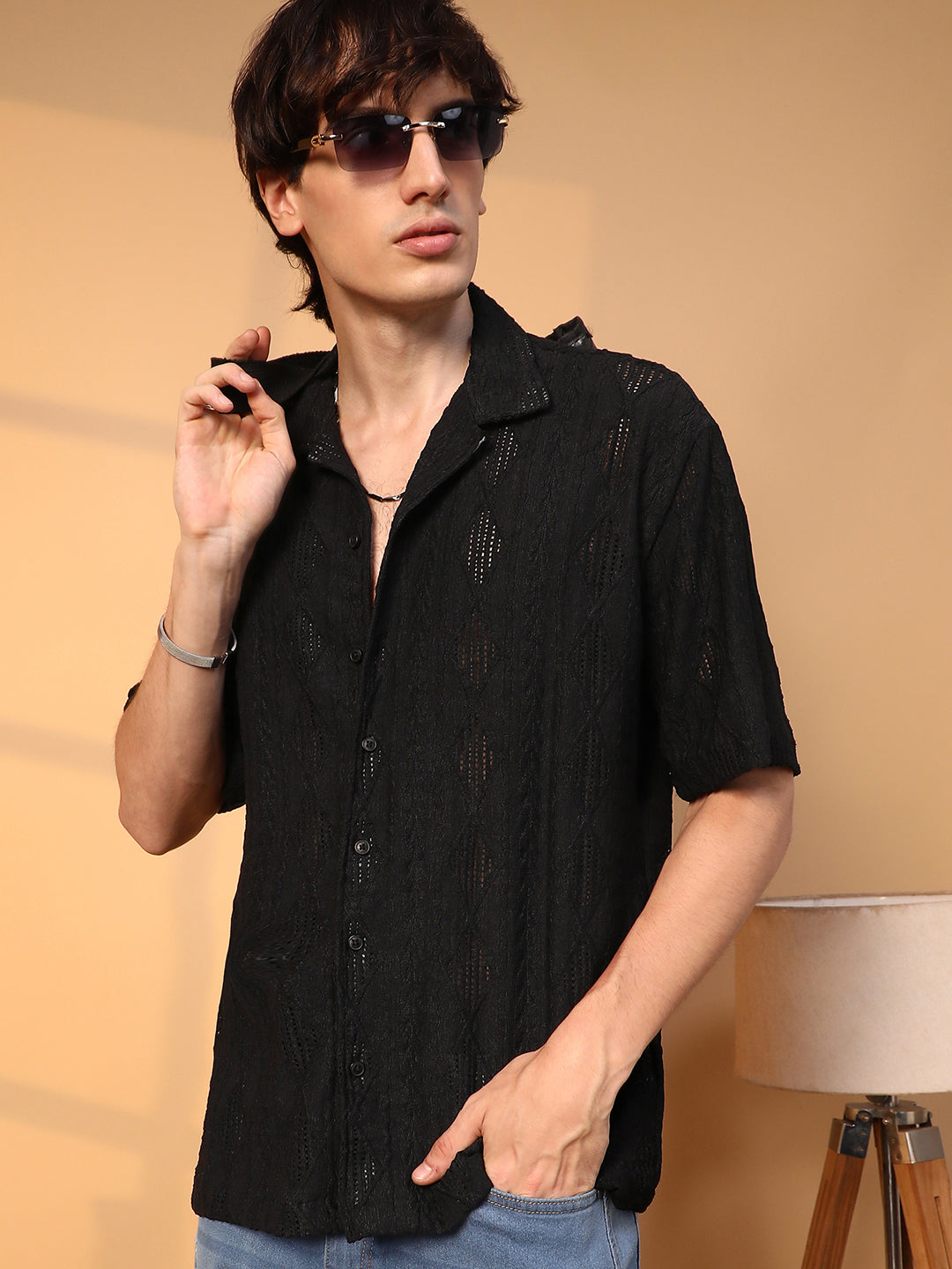 ₹899 Campus Sutra men's Onyx Black Argyle-Textured Oversized