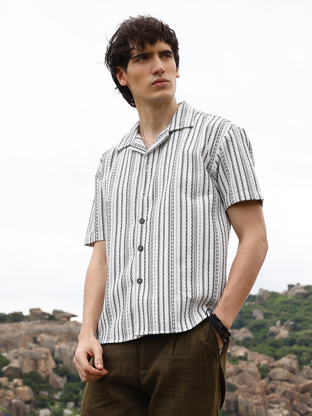 Striped-Weave Oversized Shirt