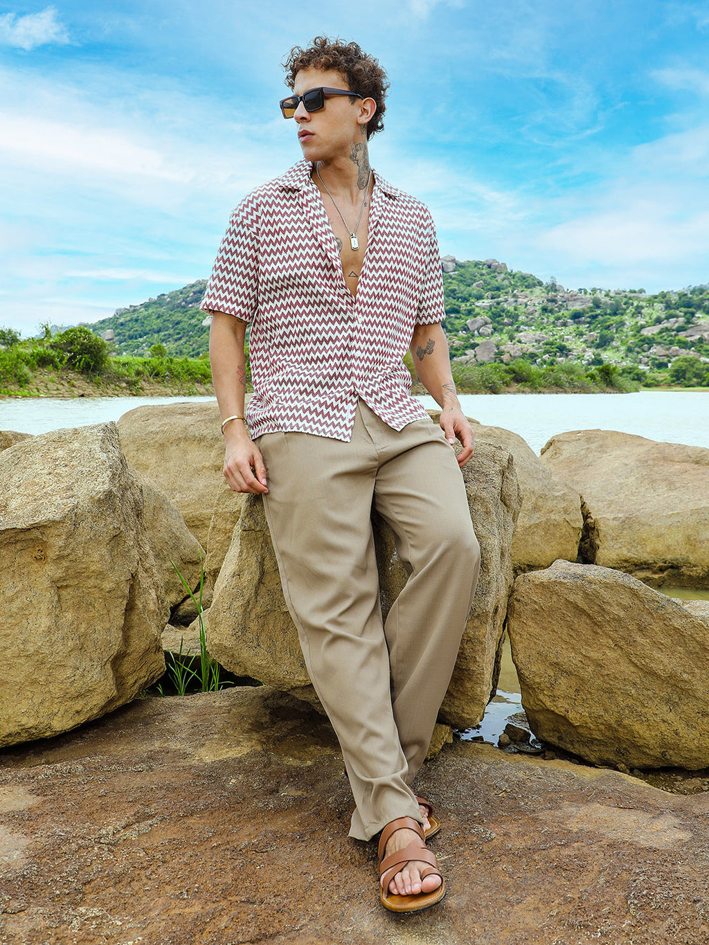 Chevron-Striped Oversized Shirt