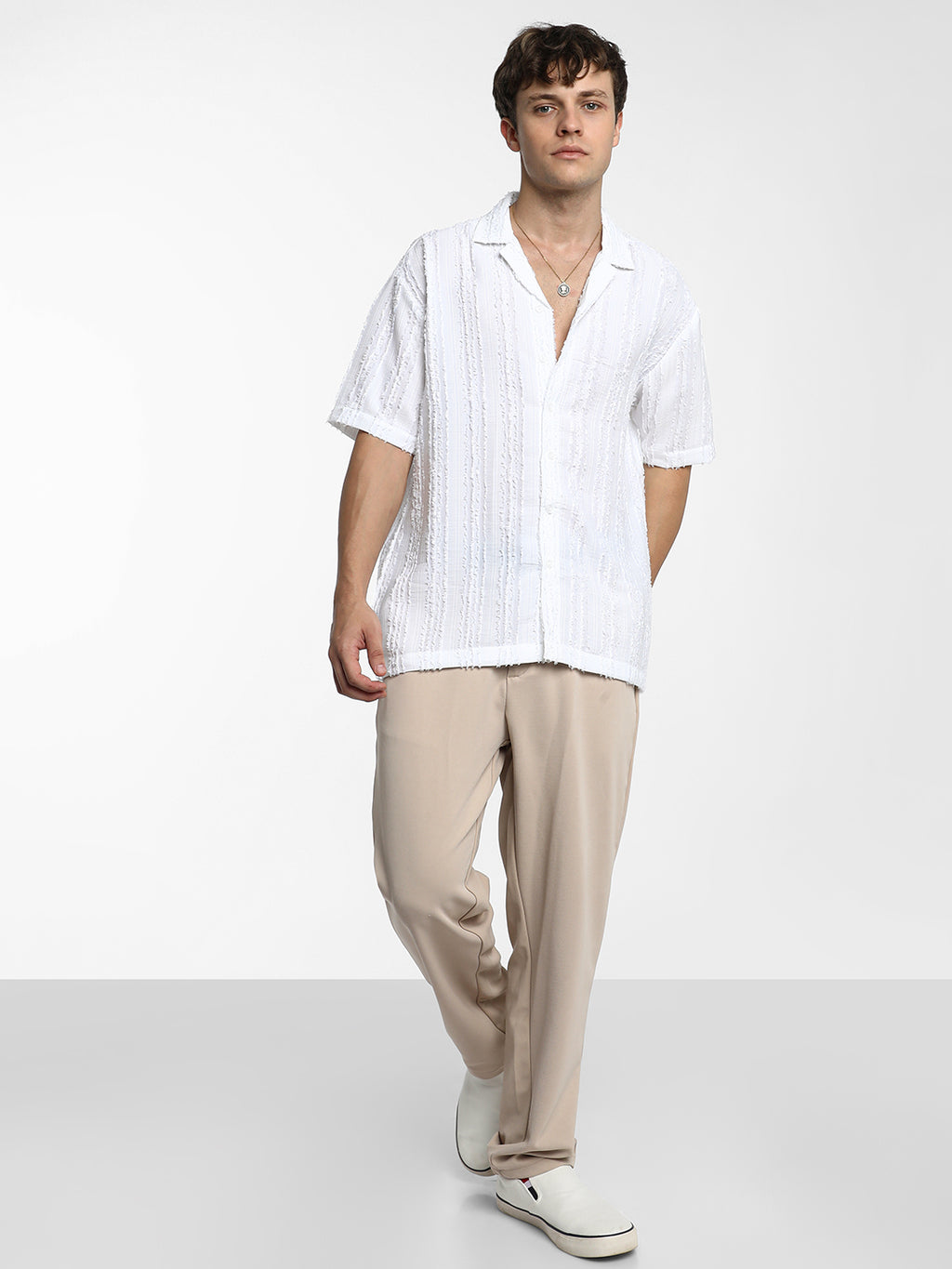 Unhemmed Striped Oversized Shirt