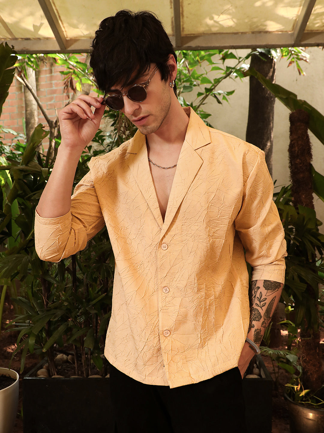 899 | Campus Sutra men Buff Beige Wrinked Korean Oversized Shirt - Campussutra 899 | Campus Sutra men Buff Beige Wrinked Korean Oversized Shirt - Campussutra