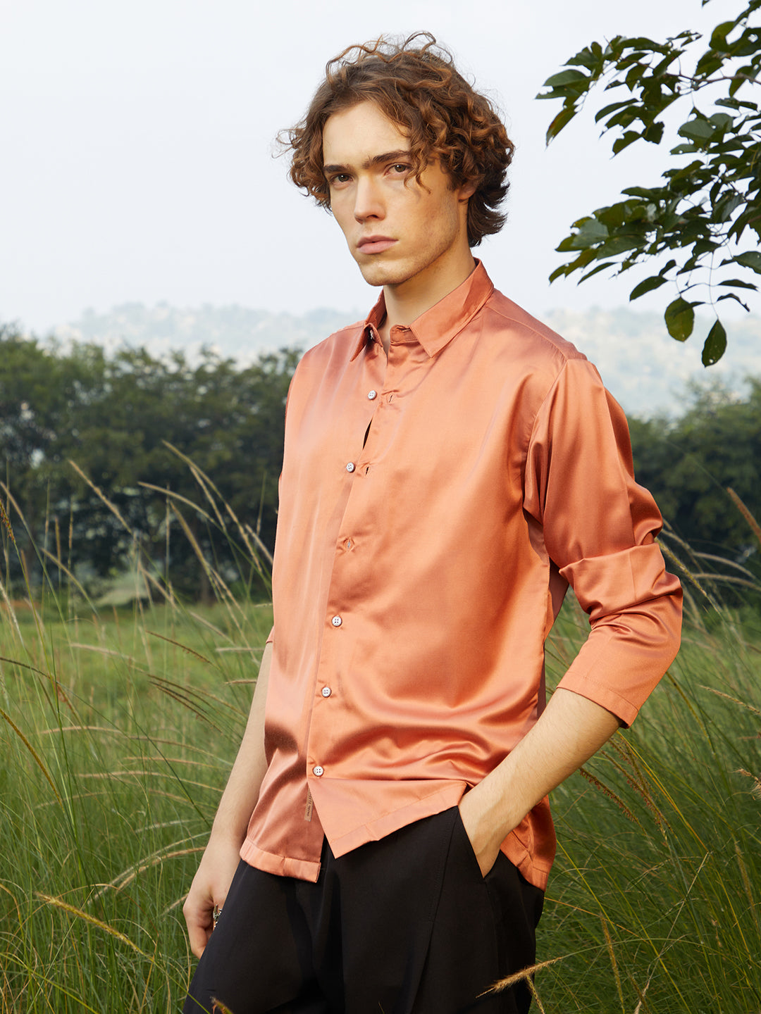 ₹899 | Campus Sutra men Copper Orange Satin Oversized Shirt