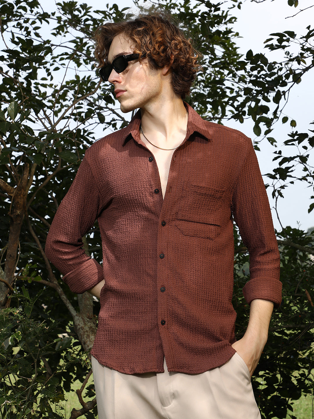 899 | Campus Sutra men Chocolate Brown Solid Tactile-Woven Shirt - Campussutra 899 | Campus Sutra men Chocolate Brown Solid Tactile-Woven Shirt - Campussutra
