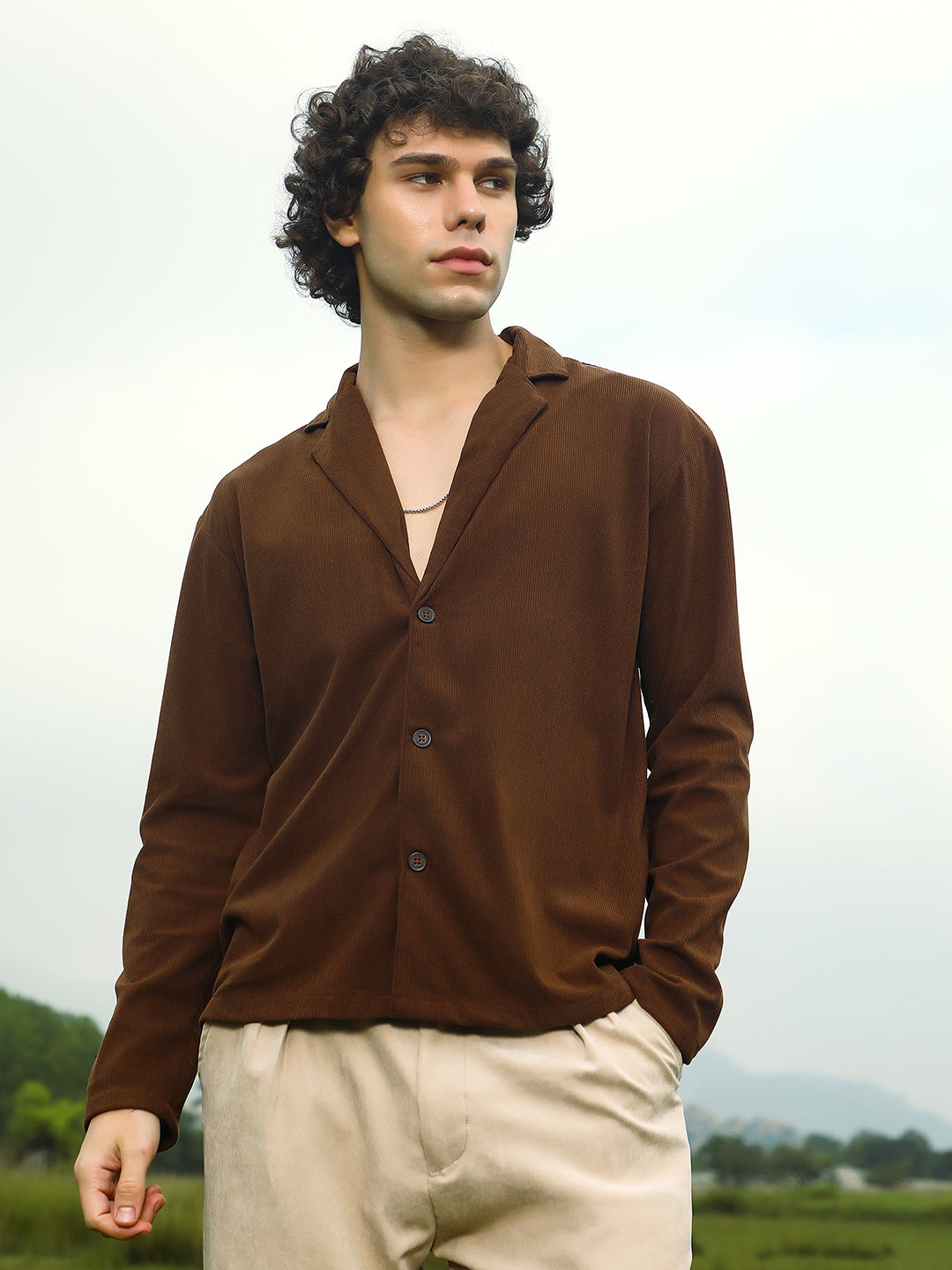 ₹949 | Campus Sutra mens Chocolate Brown Ribbed Oversized Shirt