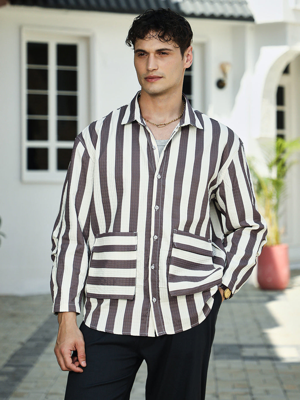 Candy-Striped Utility Oversized Shirt