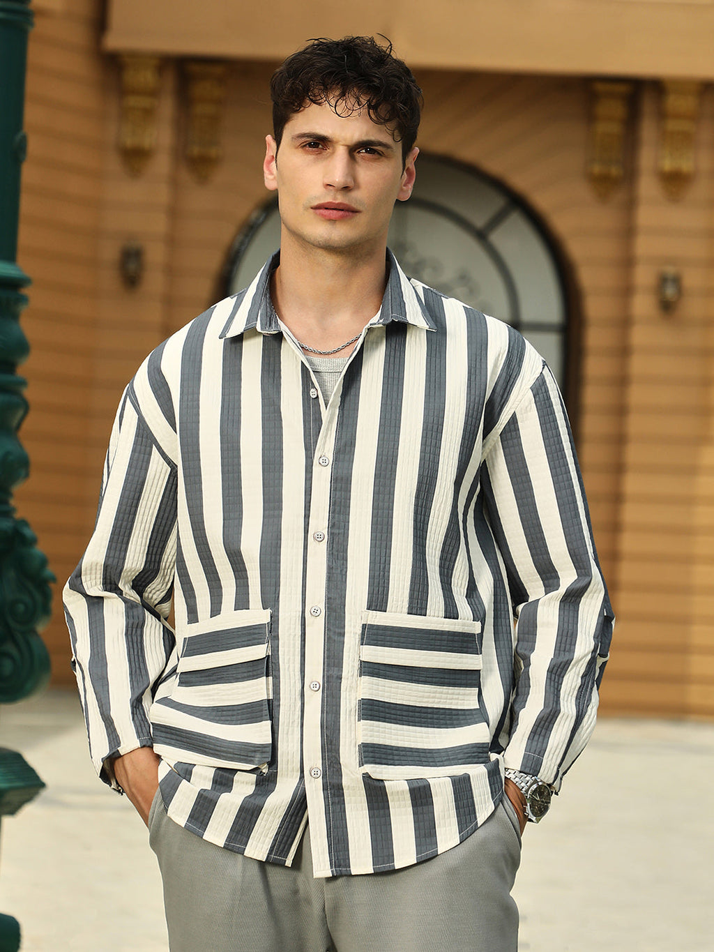 Candy-Striped Utility Oversized Shirt