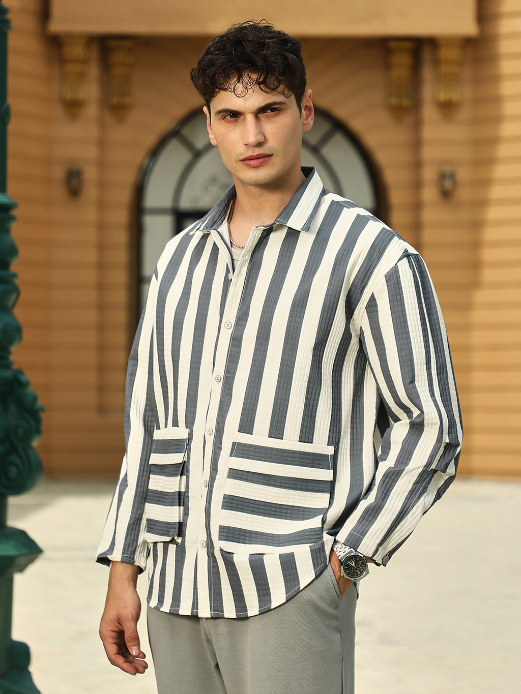 Candy-Striped Utility Oversized Shirt