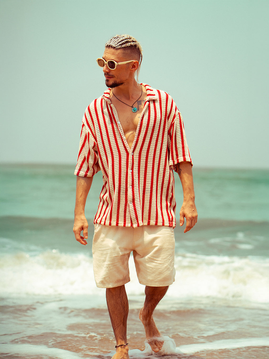 Striped Open-Knit Resort Shirt