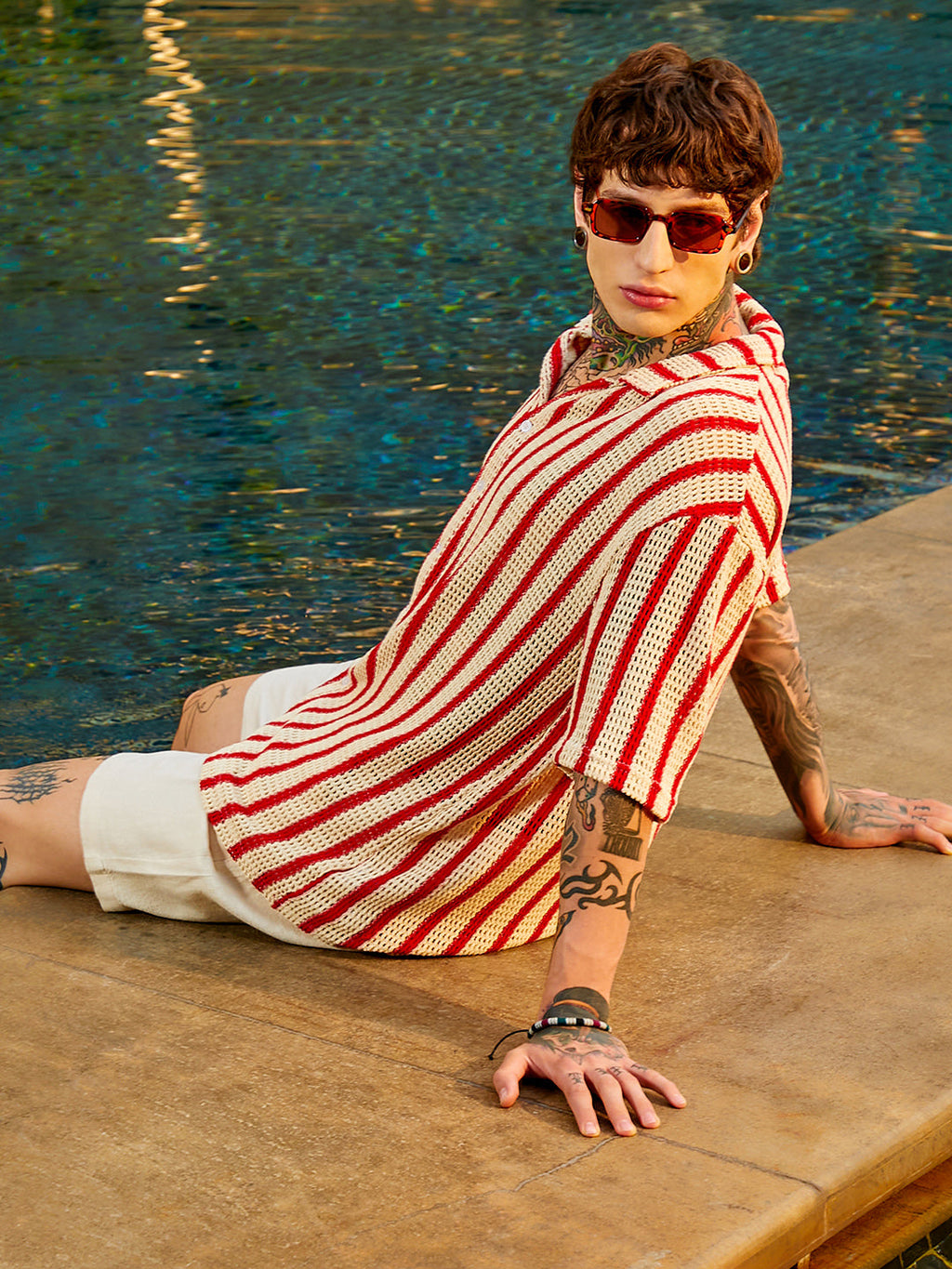 Striped Open-Knit Resort Shirt