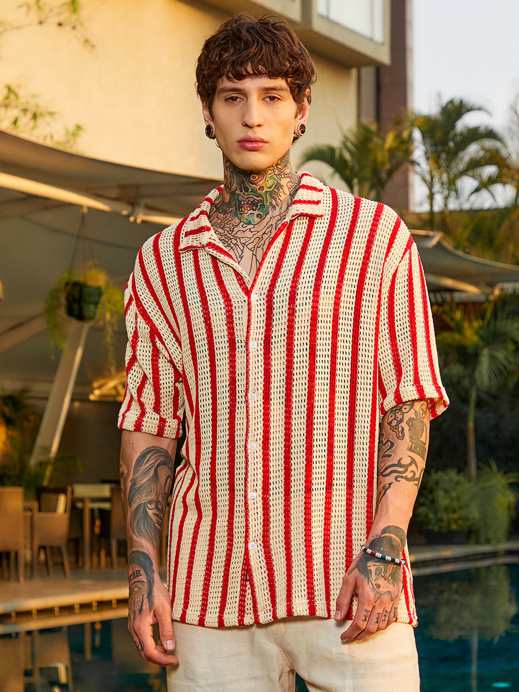 Striped Open-Knit Resort Shirt