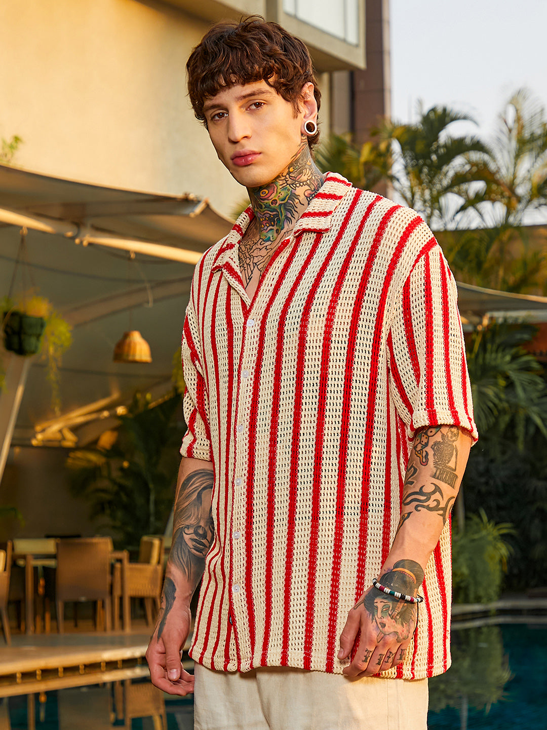 Striped Open-Knit Resort Shirt