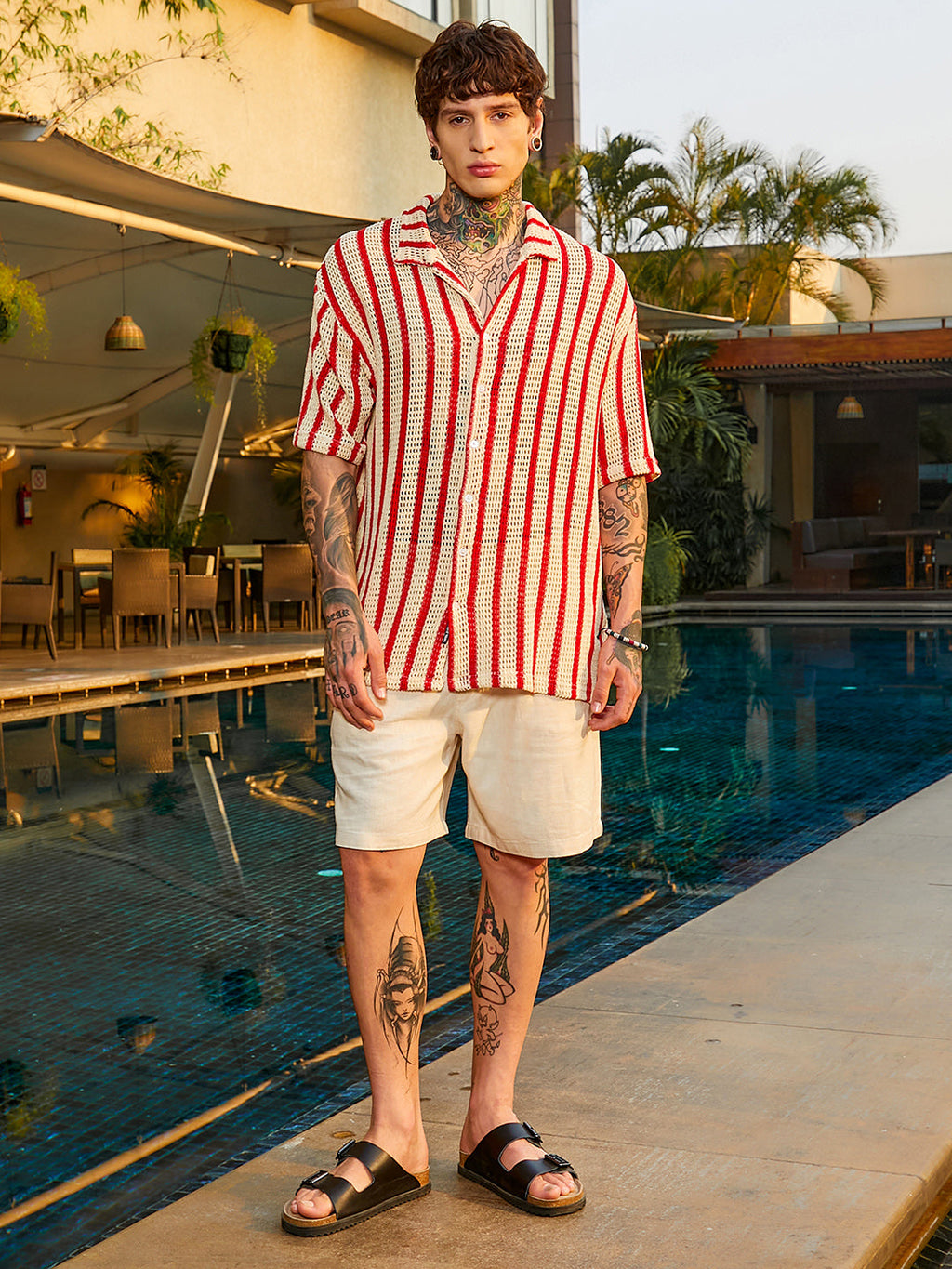 Striped Open-Knit Resort Shirt